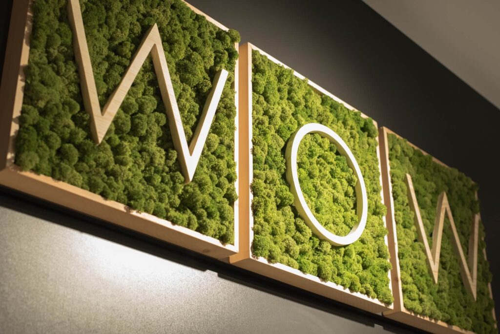 proyecto WOW revestimiento de liquen en pared con letras